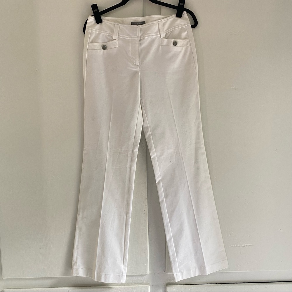 Ann Taylor White Tailored Boot Cut Creased Classic Pants Silver Button Pockets 8